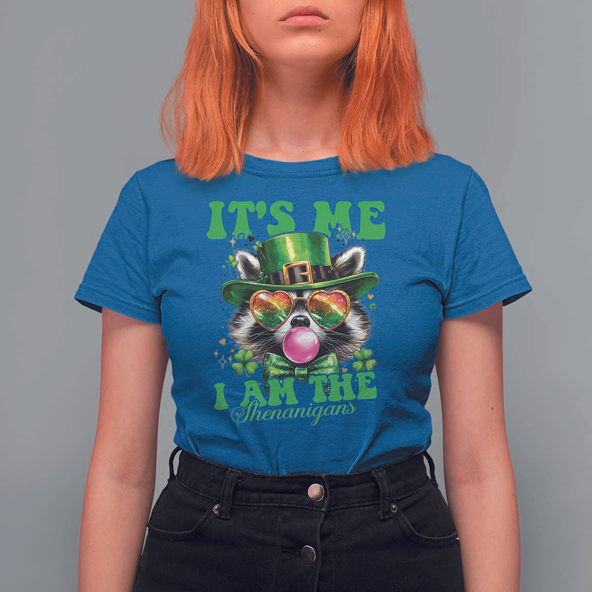 Funny It's Me I Am The Shenanigans T Shirt For Women St Patrick's Day Racoon Shamrock