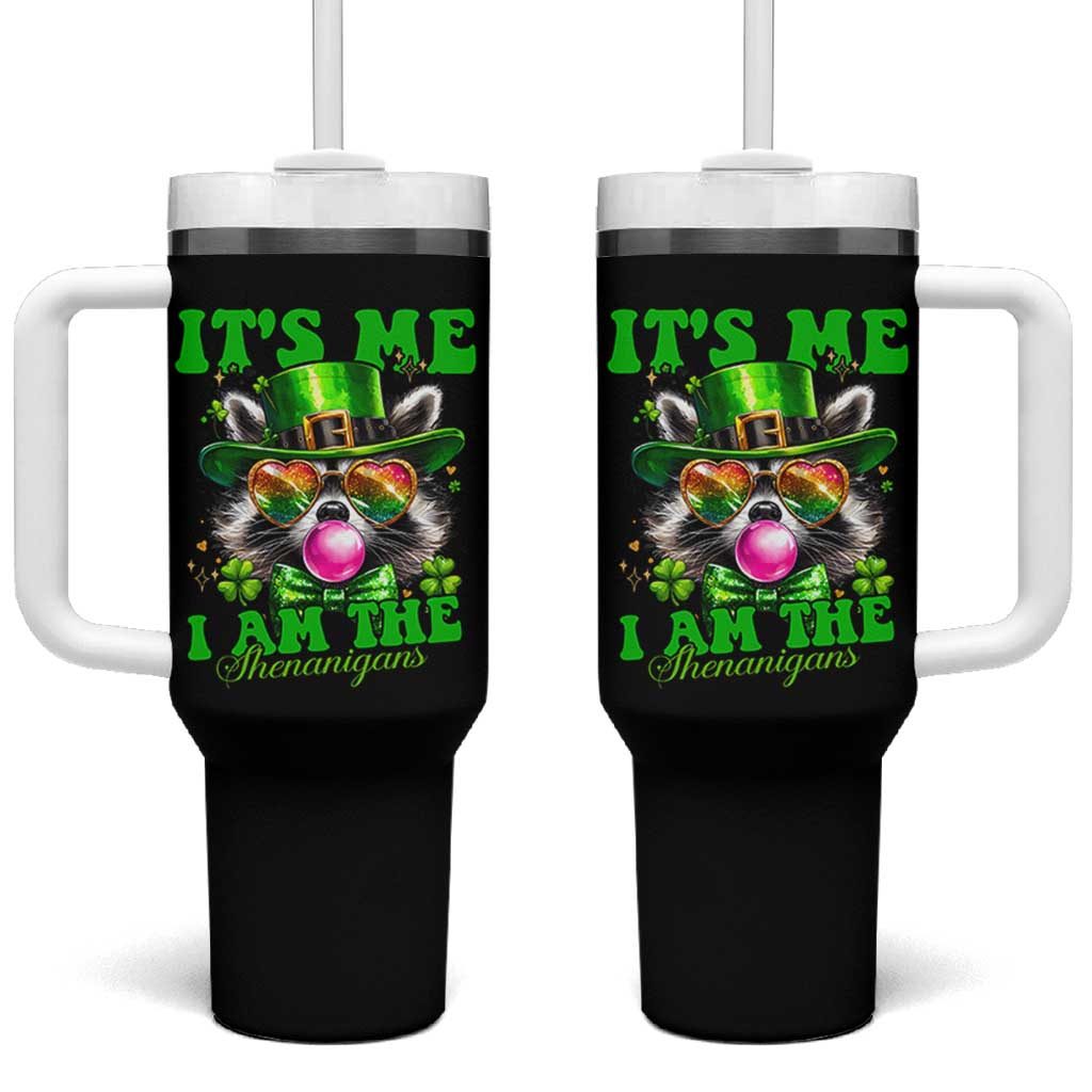 Funny It's Me I Am The Shenanigans Tumbler With Handle St Patrick's Day Racoon Shamrock