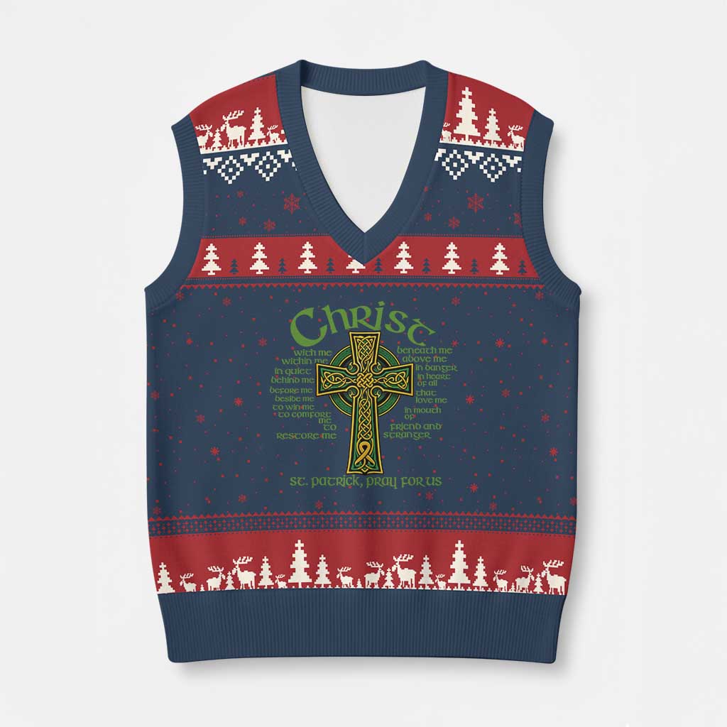 Christ St Patrick Pray For Us Christian Catholic Religious Celtic Cross V-Neck Knit Sweater Vest