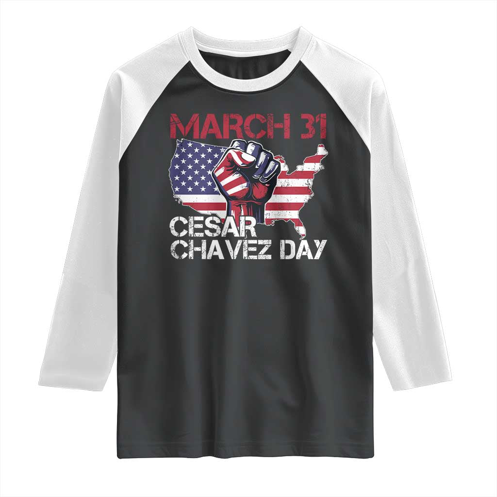 Cesar Chavez Day Raglan Shirt March 31 Hand Fist American Flag