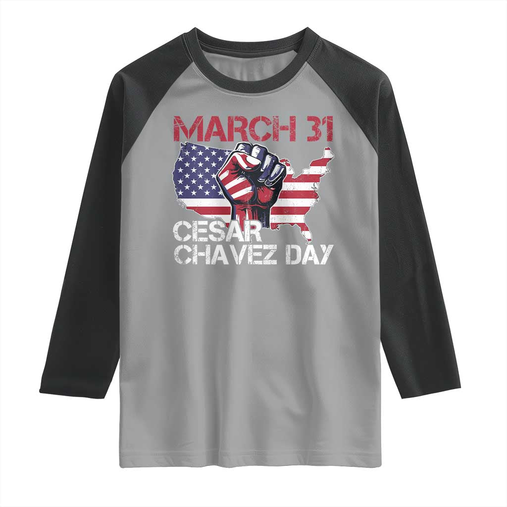 Cesar Chavez Day Raglan Shirt March 31 Hand Fist American Flag