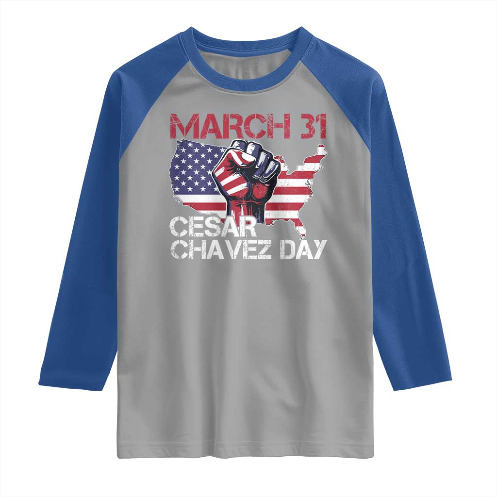 Cesar Chavez Day Raglan Shirt March 31 Hand Fist American Flag