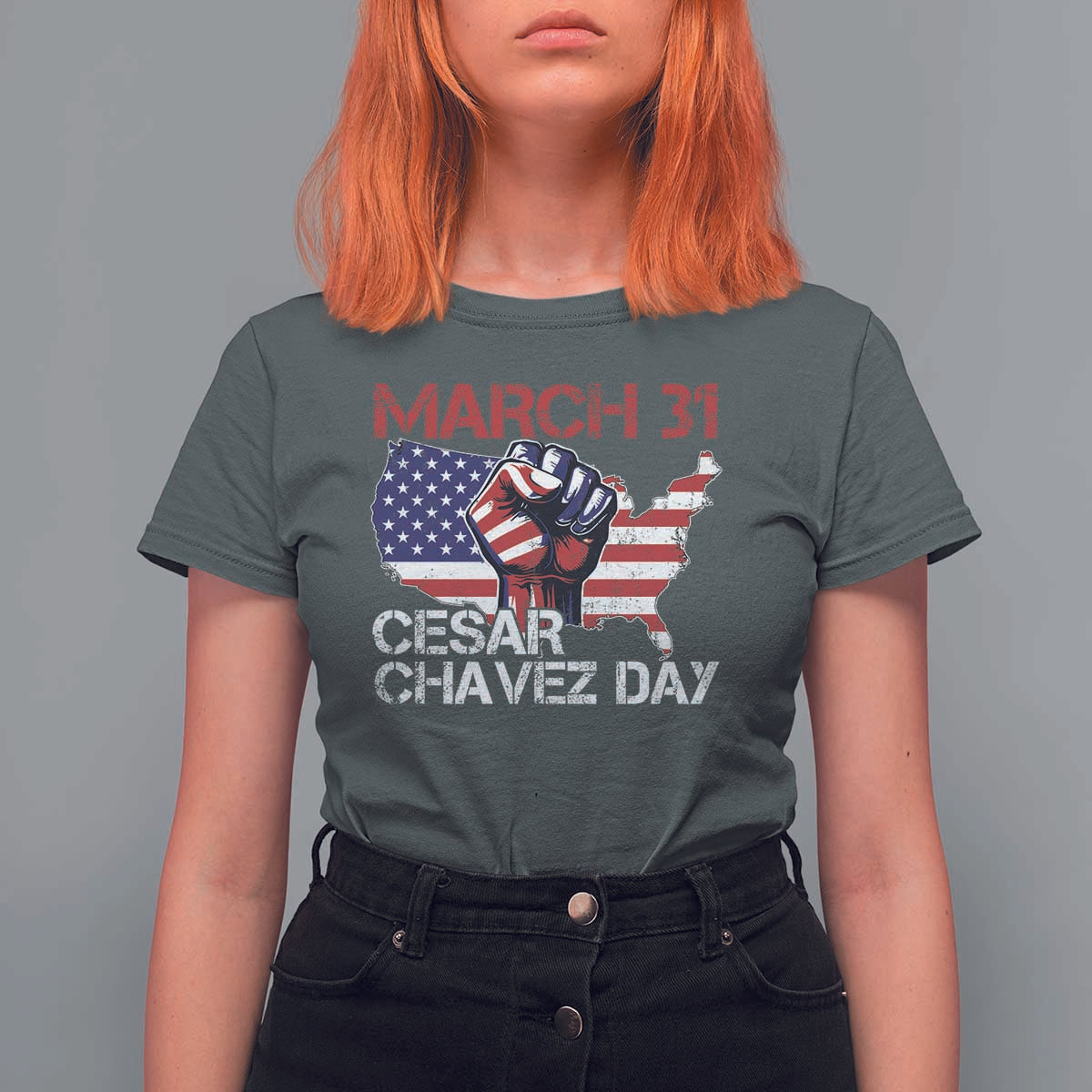 Cesar Chavez Day T Shirt For Women March 31 Hand Fist American Flag
