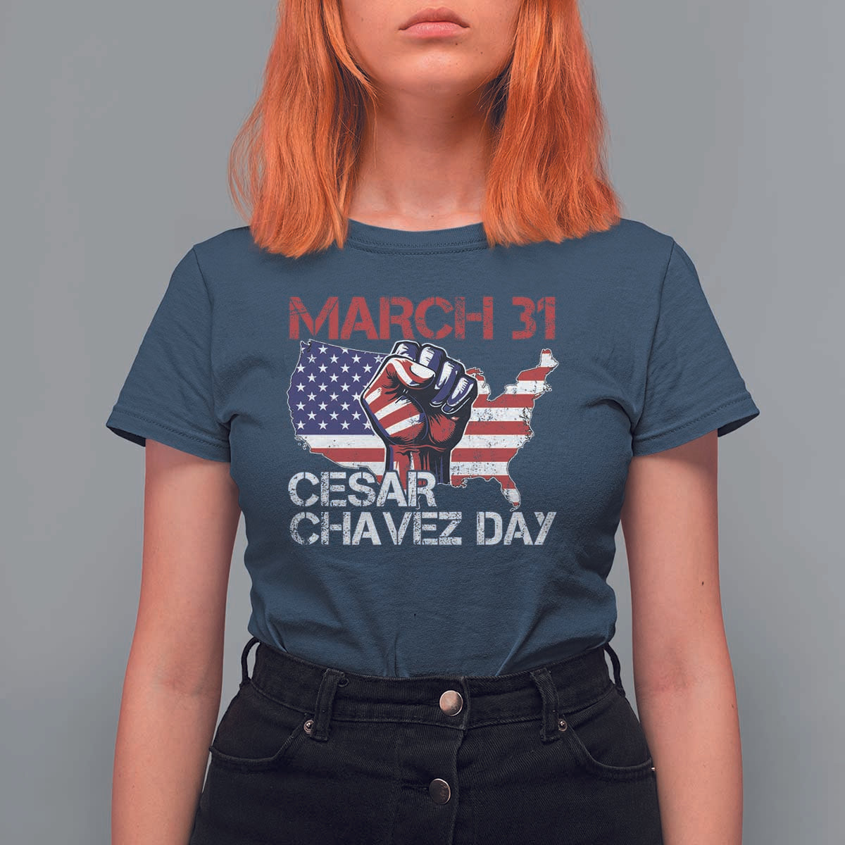 Cesar Chavez Day T Shirt For Women March 31 Hand Fist American Flag