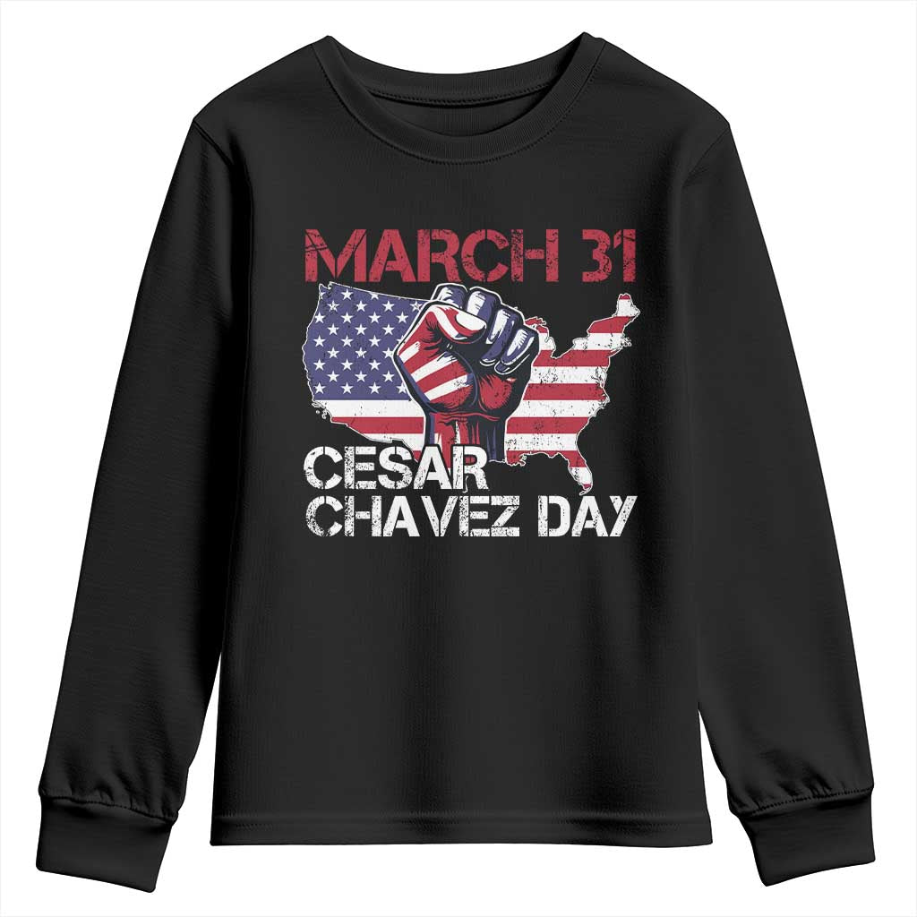 Cesar Chavez Day Youth Sweatshirt March 31 Hand Fist American Flag