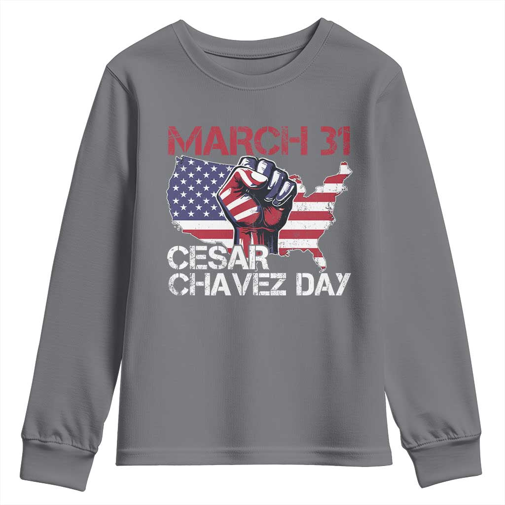 Cesar Chavez Day Youth Sweatshirt March 31 Hand Fist American Flag