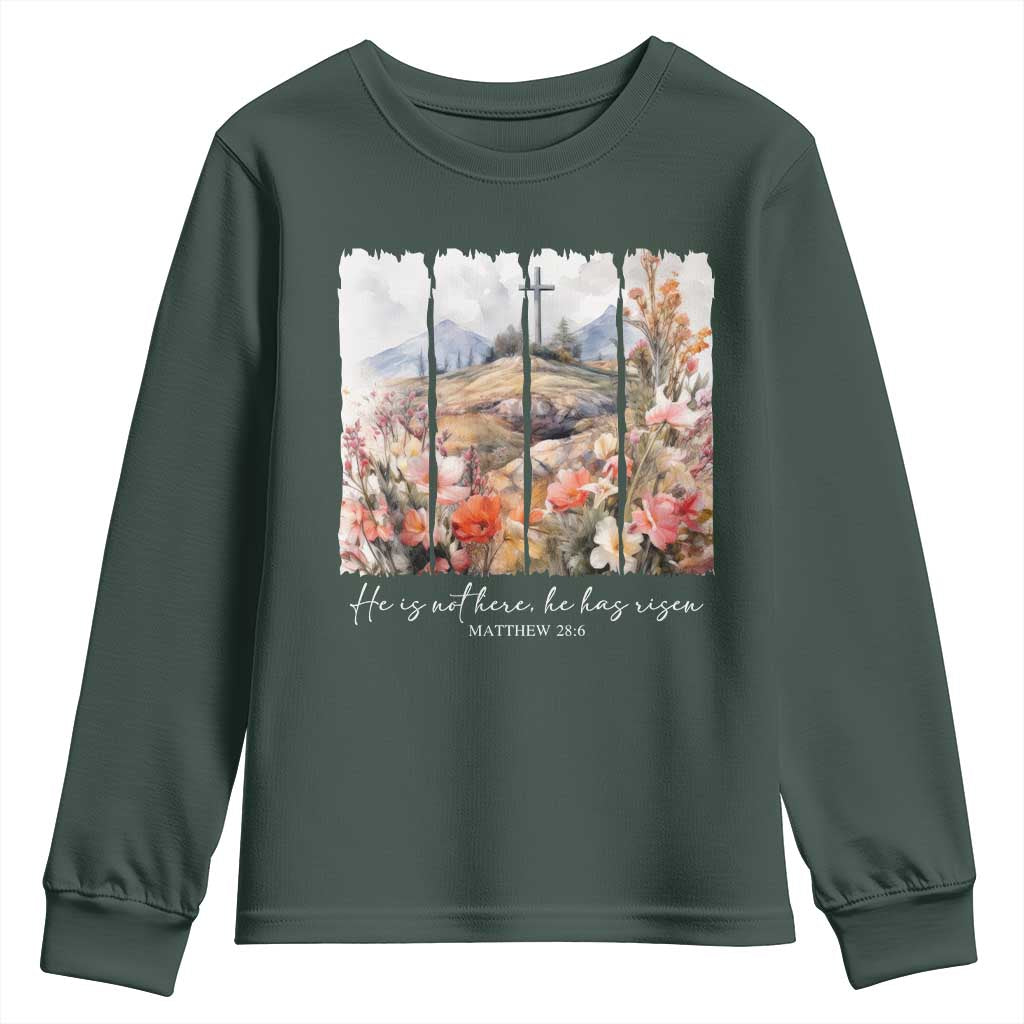 He Is Not Here He Has Risen Youth Sweatshirt Christian Easter Religious Bible Verse