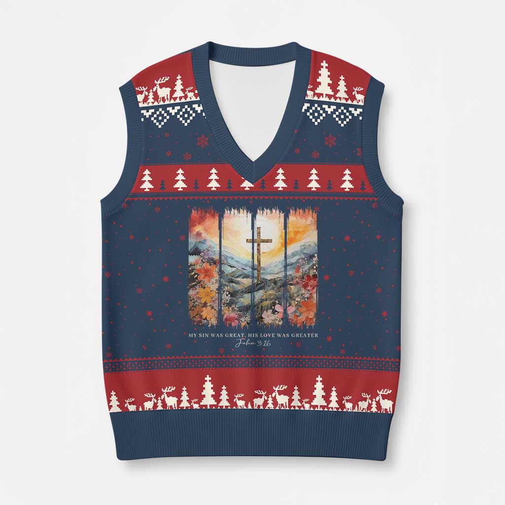 My Sin Was Great His Love Was Greater V-Neck Knit Sweater Vest Christian Easter Religious Bible Verse - Wonder Print Shop