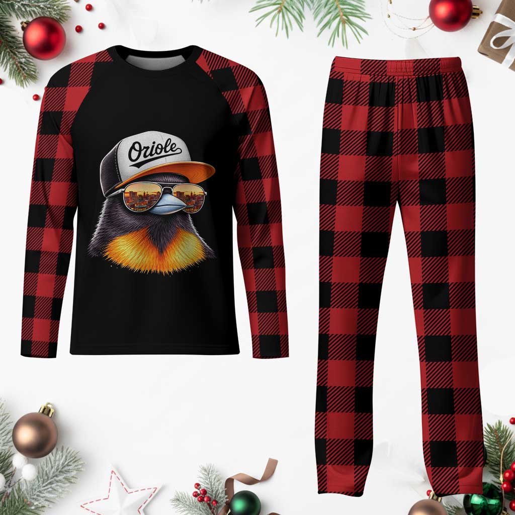 Funny Oriole Bird Wearing Baseball Cap Graphic Vintage Sport Plaid Pajama Set