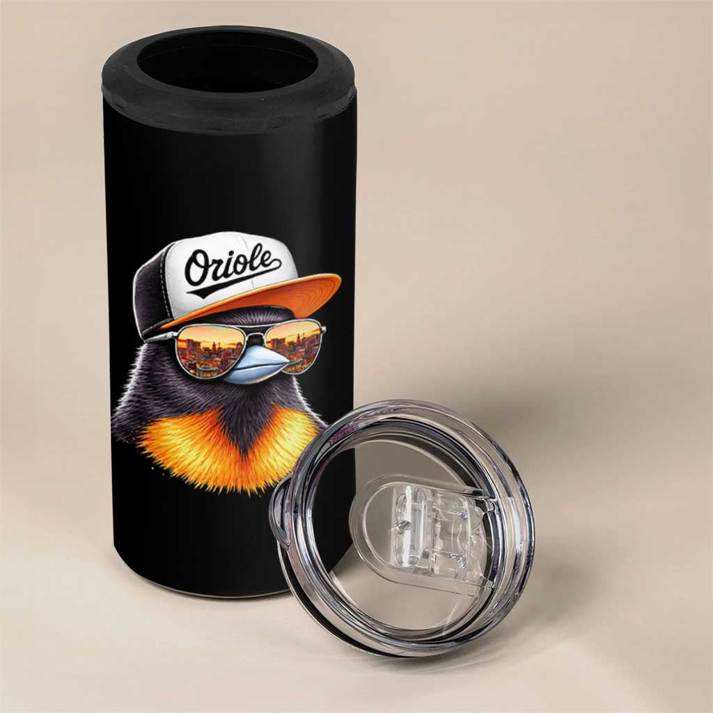 Funny Oriole Bird Wearing Baseball Cap Graphic Vintage Sport 4 in 1 Can Cooler Tumbler