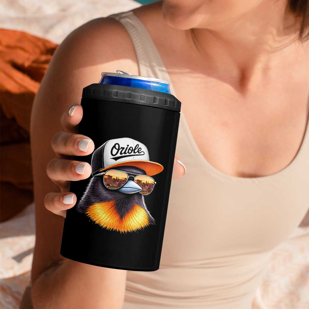 Funny Oriole Bird Wearing Baseball Cap Graphic Vintage Sport 4 in 1 Can Cooler Tumbler