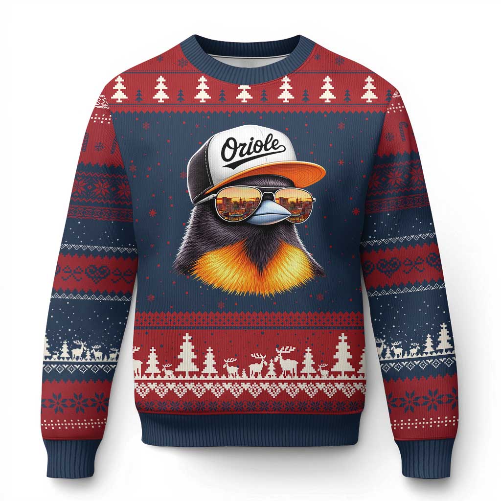 Funny Oriole Bird Wearing Baseball Cap Graphic Vintage Sport Ugly Christmas Sweater