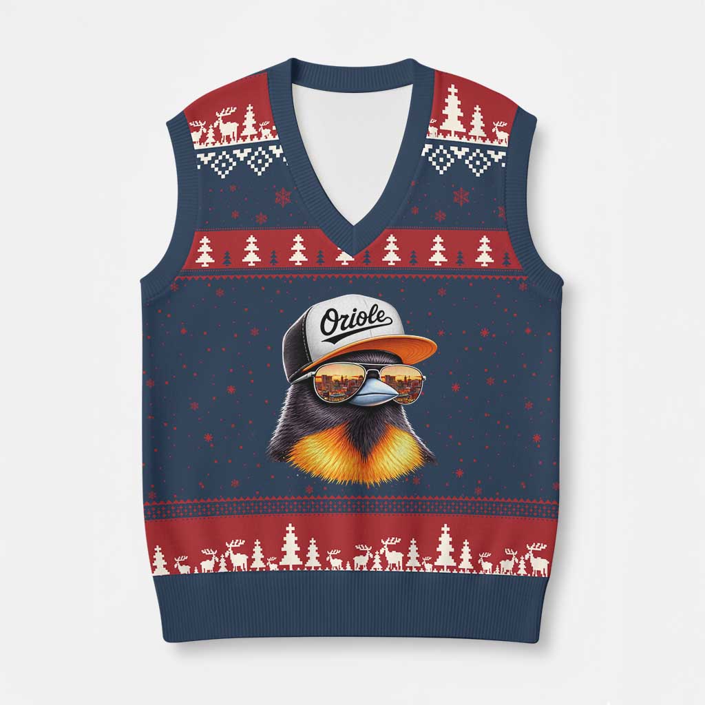 Funny Oriole Bird Wearing Baseball Cap Graphic Vintage Sport V-Neck Knit Sweater Vest