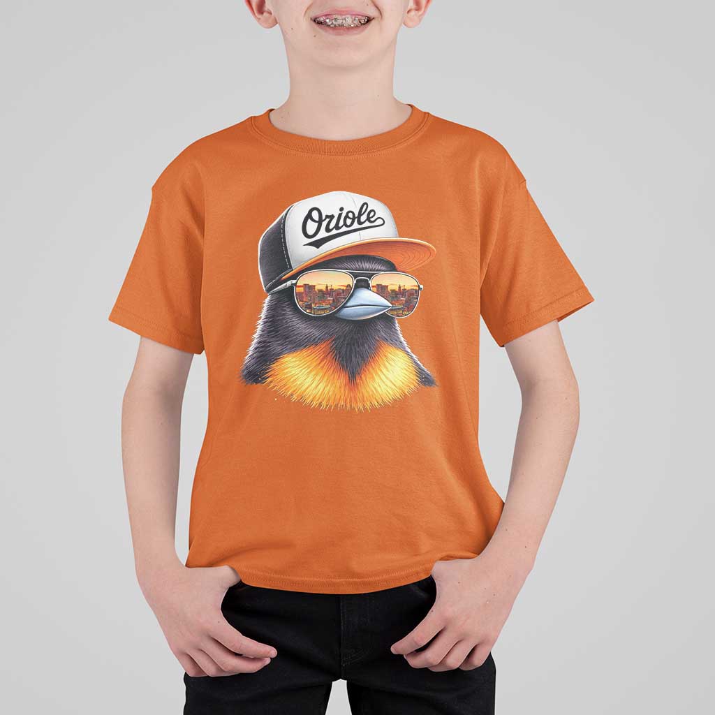 Funny Oriole Bird Wearing Baseball Cap Graphic Vintage Sport T Shirt For Kid