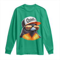 Funny Oriole Bird Wearing Baseball Cap Graphic Vintage Sport Long Sleeve Shirt