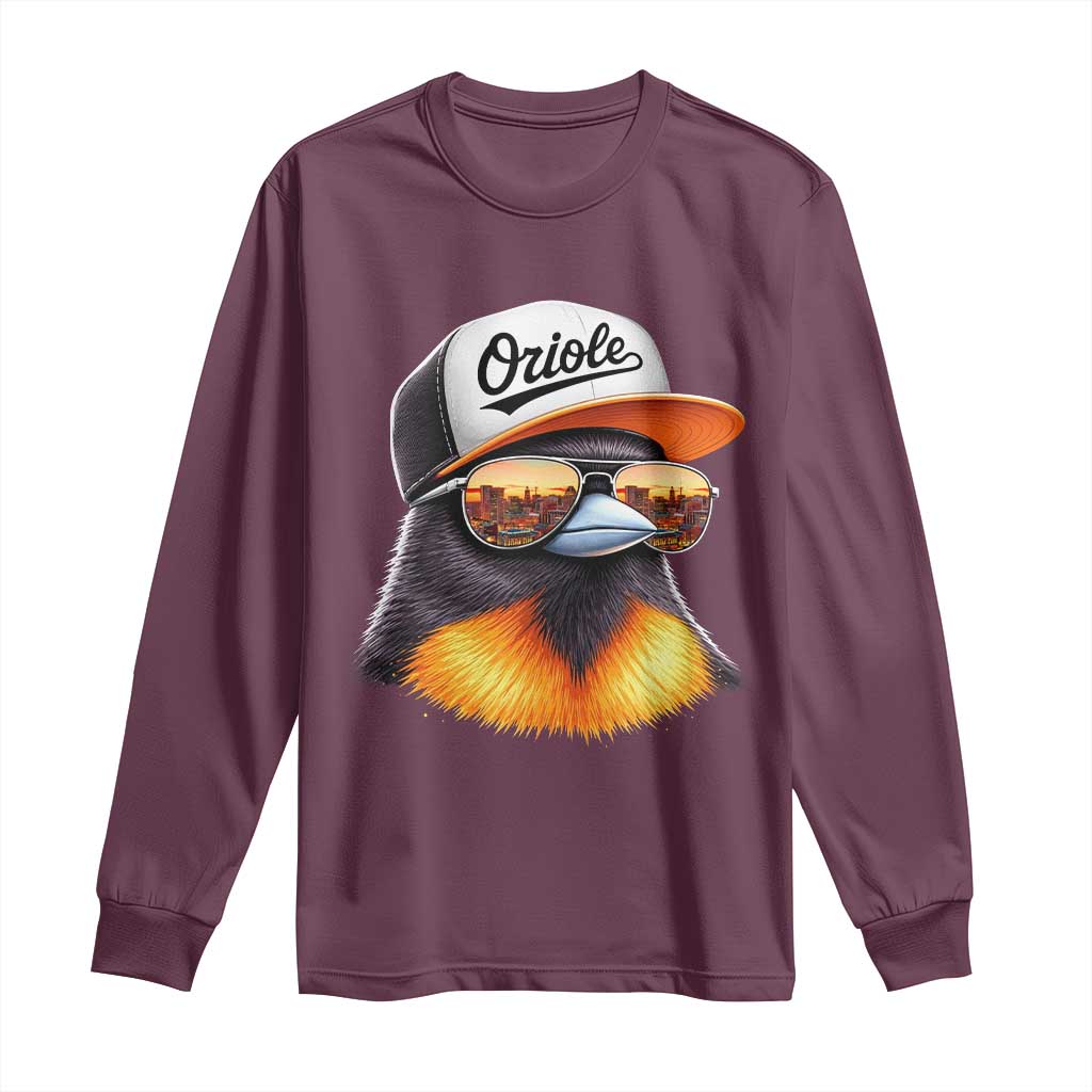 Funny Oriole Bird Wearing Baseball Cap Graphic Vintage Sport Long Sleeve Shirt