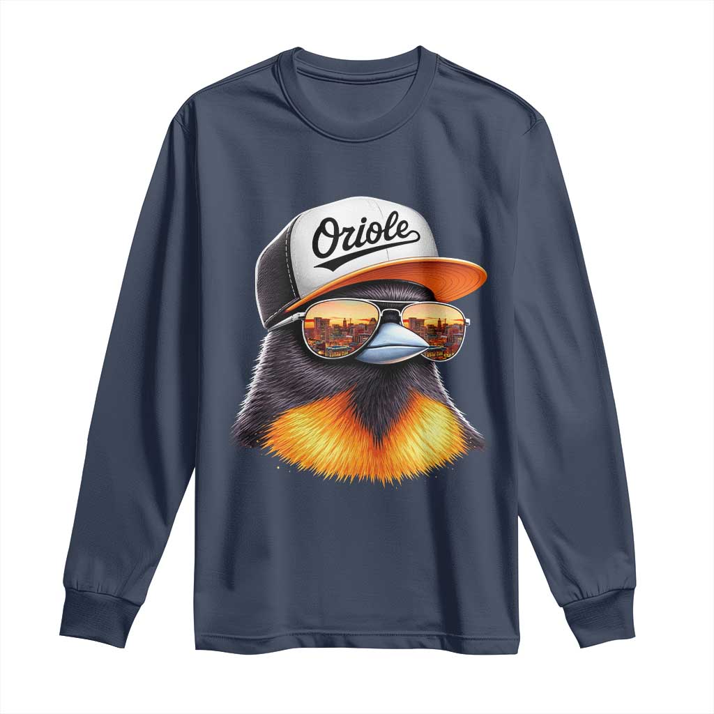 Funny Oriole Bird Wearing Baseball Cap Graphic Vintage Sport Long Sleeve Shirt