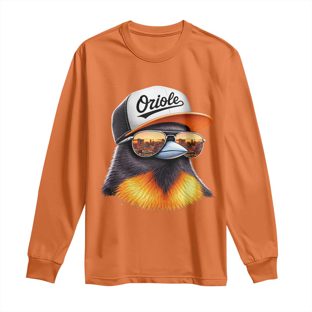 Funny Oriole Bird Wearing Baseball Cap Graphic Vintage Sport Long Sleeve Shirt