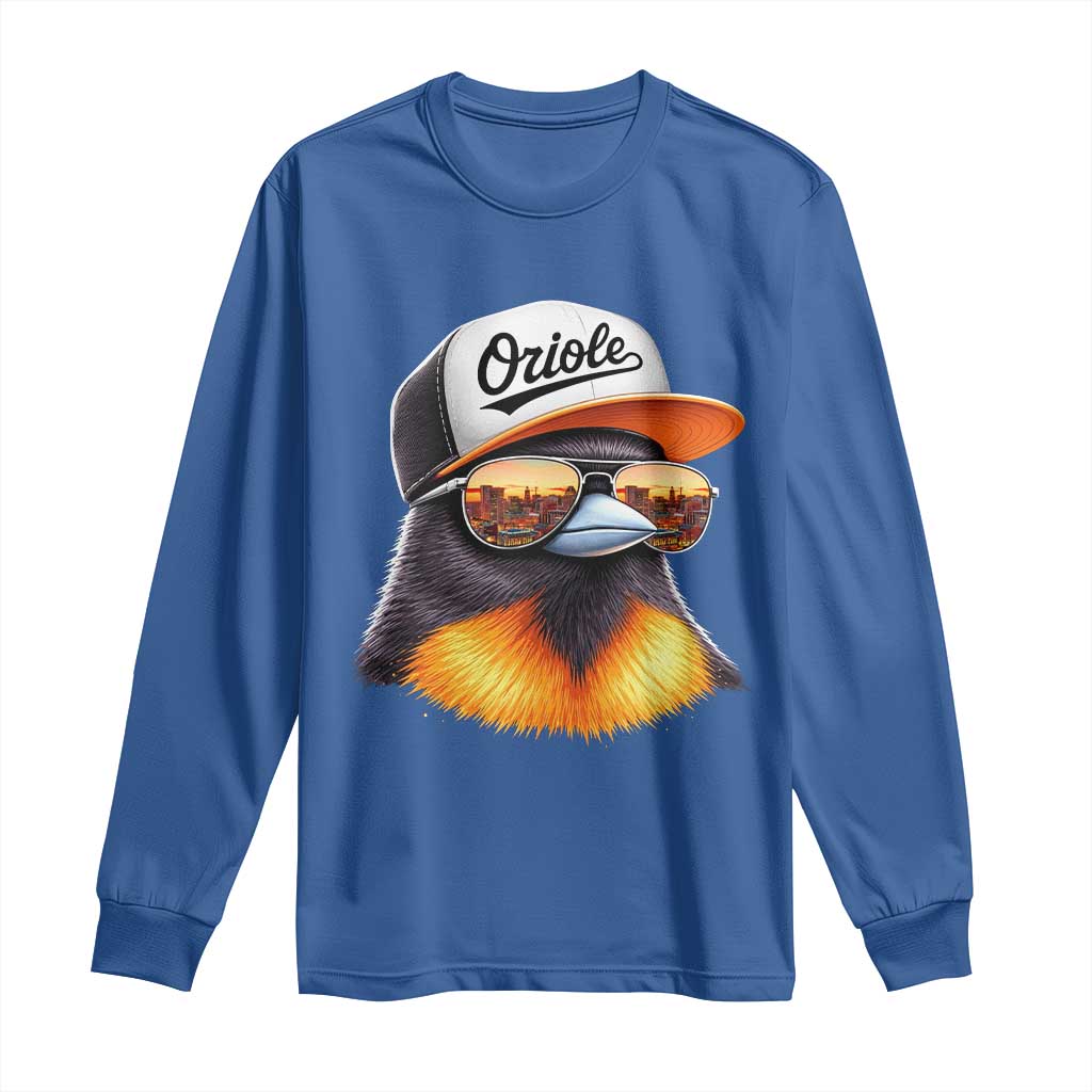 Funny Oriole Bird Wearing Baseball Cap Graphic Vintage Sport Long Sleeve Shirt