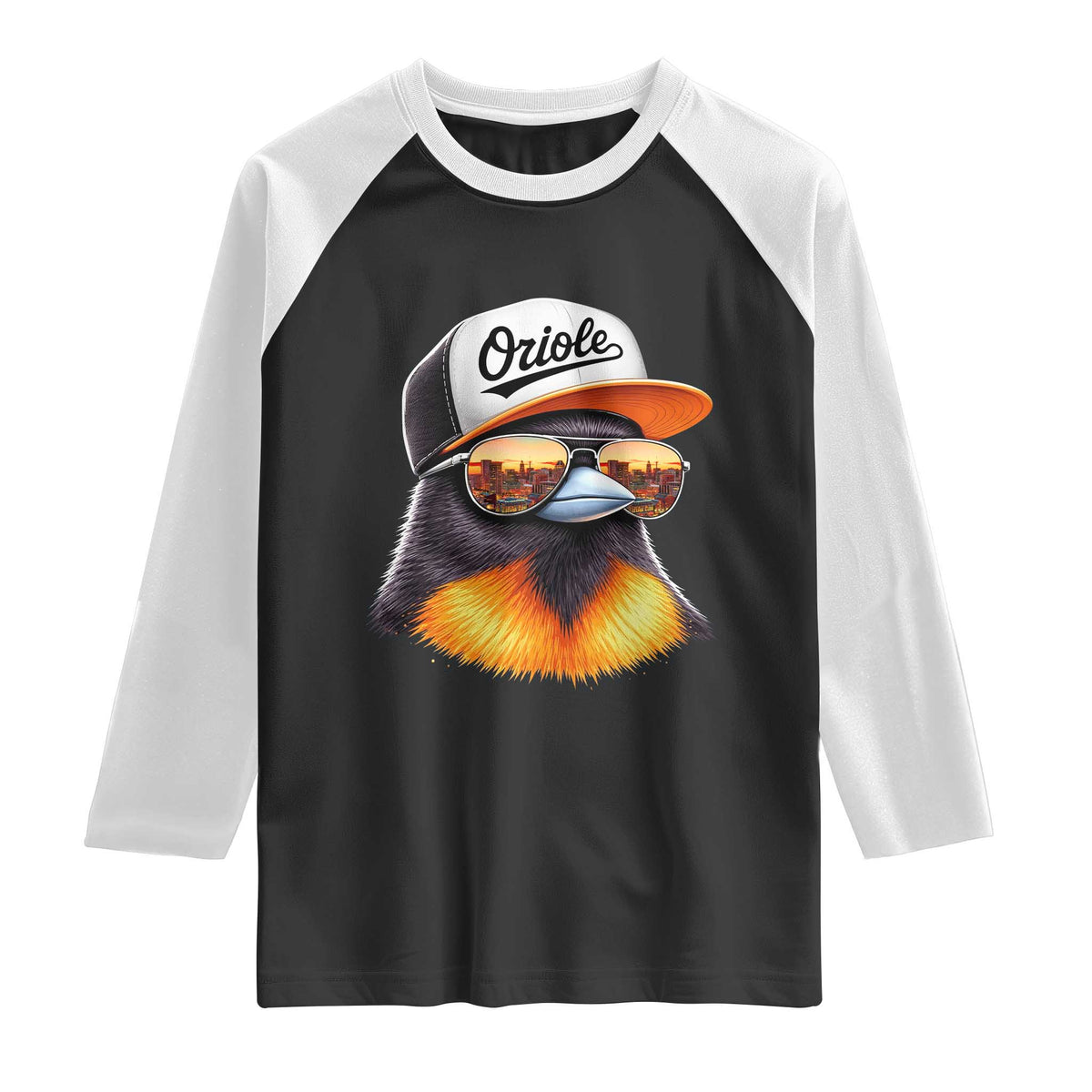 Funny Oriole Bird Wearing Baseball Cap Graphic Vintage Sport Raglan Shirt