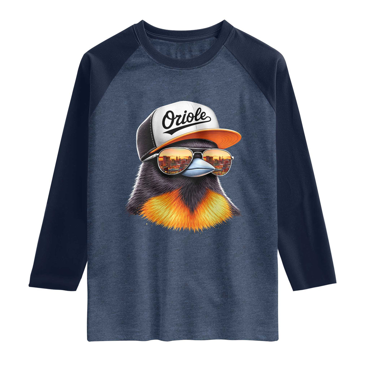 Funny Oriole Bird Wearing Baseball Cap Graphic Vintage Sport Raglan Shirt