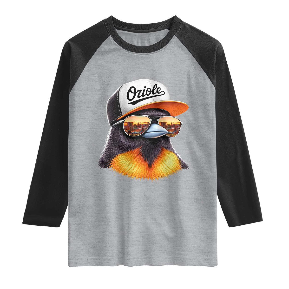 Funny Oriole Bird Wearing Baseball Cap Graphic Vintage Sport Raglan Shirt