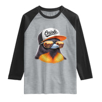 Funny Oriole Bird Wearing Baseball Cap Graphic Vintage Sport Raglan Shirt