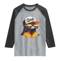 Funny Oriole Bird Wearing Baseball Cap Graphic Vintage Sport Raglan Shirt