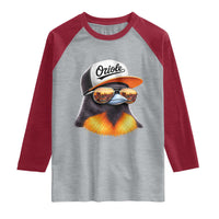 Funny Oriole Bird Wearing Baseball Cap Graphic Vintage Sport Raglan Shirt