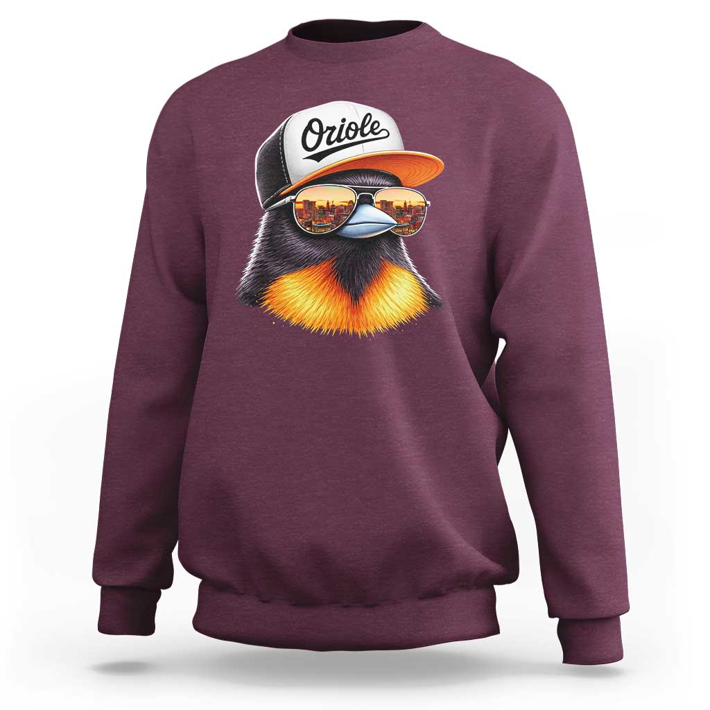 Funny Oriole Bird Wearing Baseball Cap Graphic Vintage Sport Sweatshirt