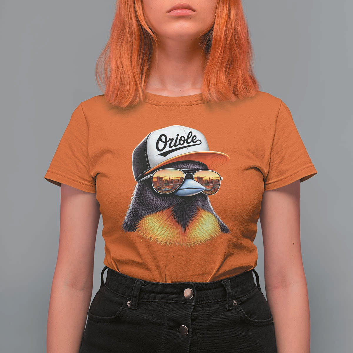 Funny Oriole Bird Wearing Baseball Cap Graphic Vintage Sport T Shirt For Women