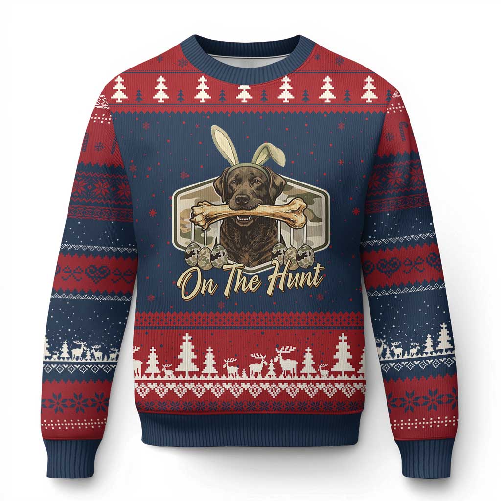 Funny Egg Hunter Ugly Christmas Sweater On The Hunt Camo Easter Labrador Dog