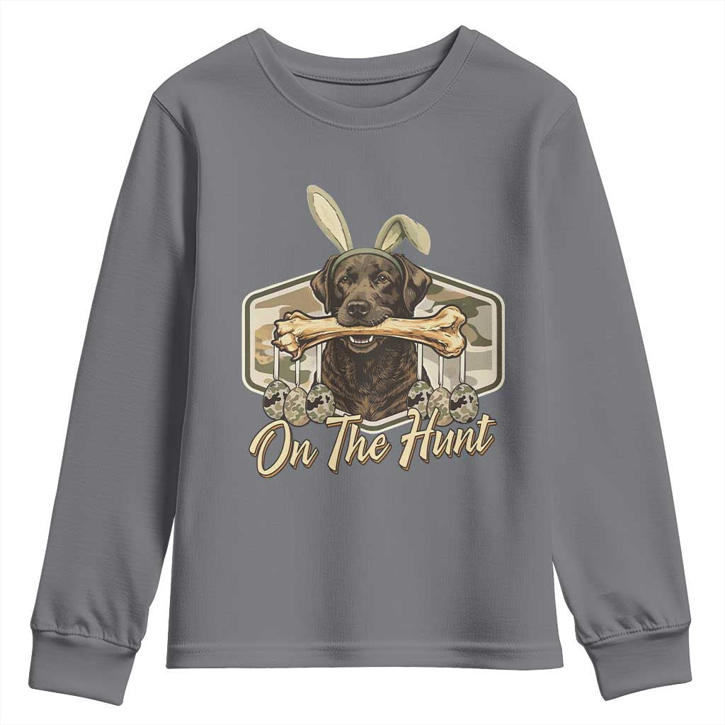 Funny Egg Hunter Youth Sweatshirt On The Hunt Camo Easter Labrador Dog