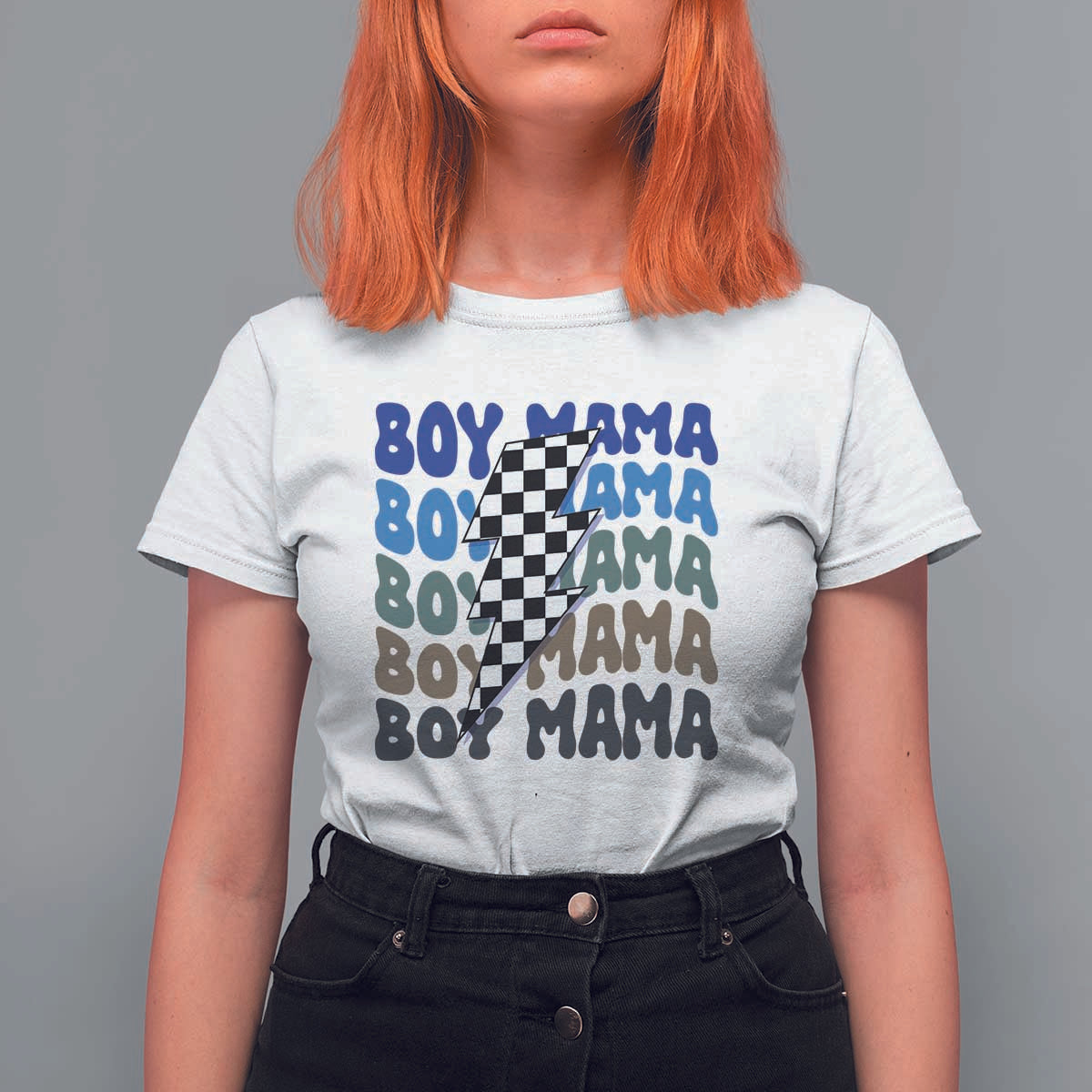 Funny Boy Mama T Shirt For Women Mother's Day Checkered Lightning Bolt