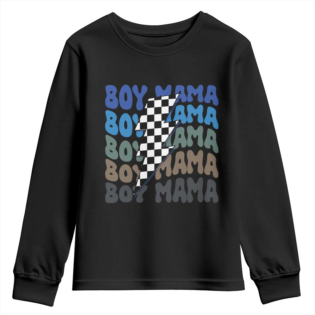 Funny Boy Mama Youth Sweatshirt Mother's Day Checkered Lightning Bolt