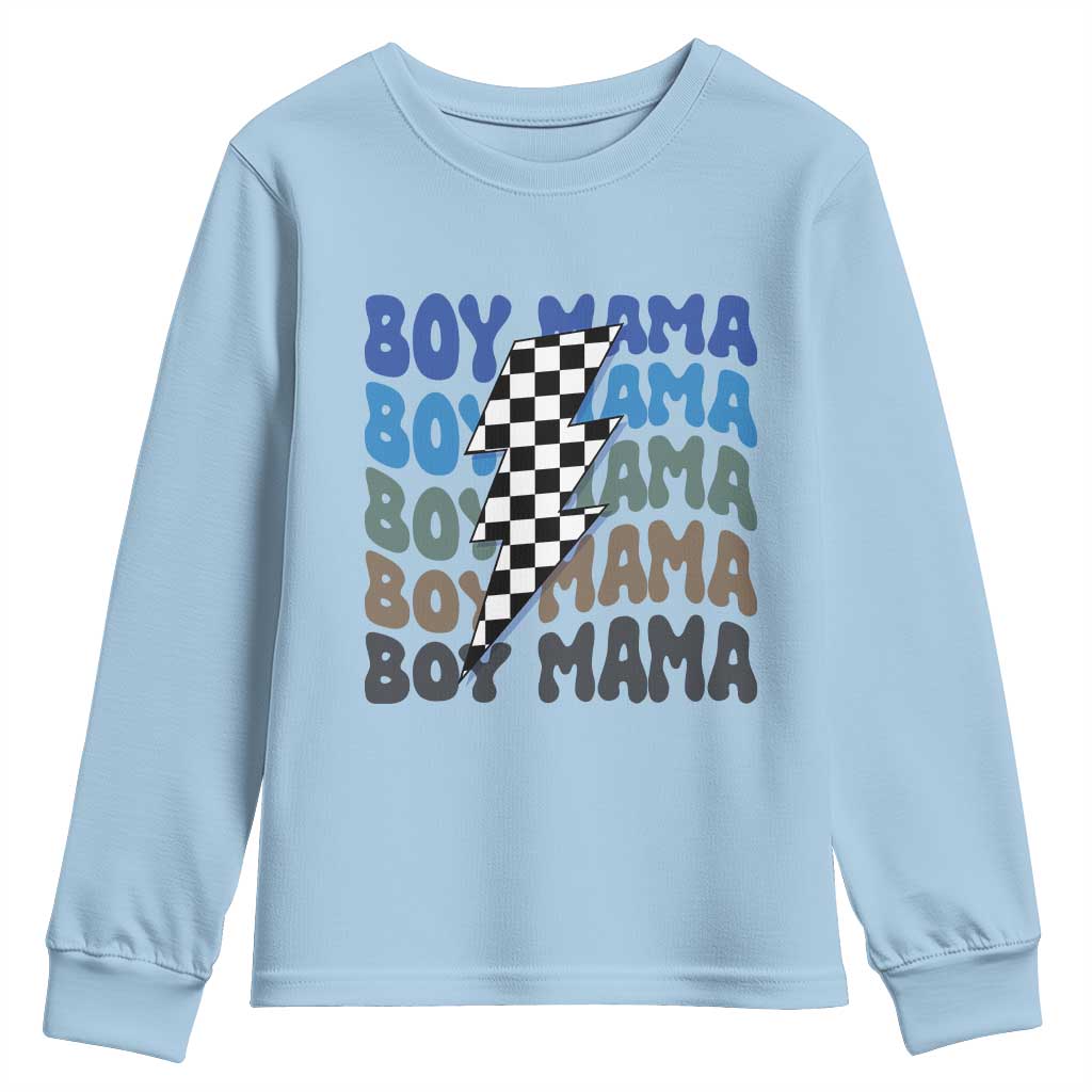 Funny Boy Mama Youth Sweatshirt Mother's Day Checkered Lightning Bolt