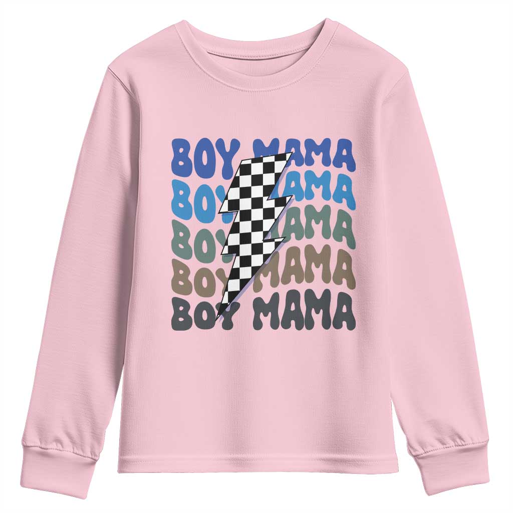 Funny Boy Mama Youth Sweatshirt Mother's Day Checkered Lightning Bolt