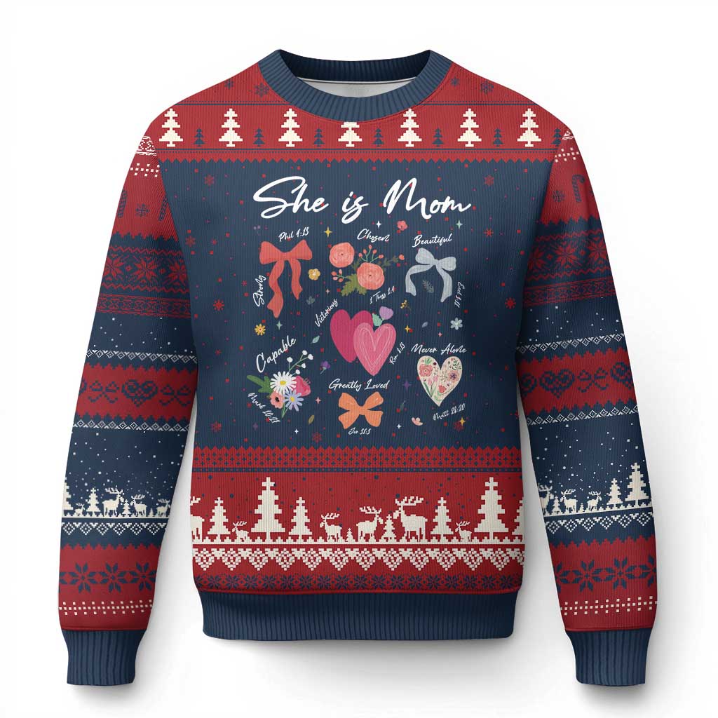 Mama Christian Religious Ugly Christmas Sweater She Is Mom Mother's Day Jesus Flowers Bow - Wonder Print Shop