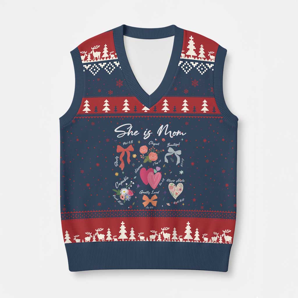Mama Christian Religious V-Neck Knit Sweater Vest She Is Mom Mother's Day Jesus Flowers Bow - Wonder Print Shop