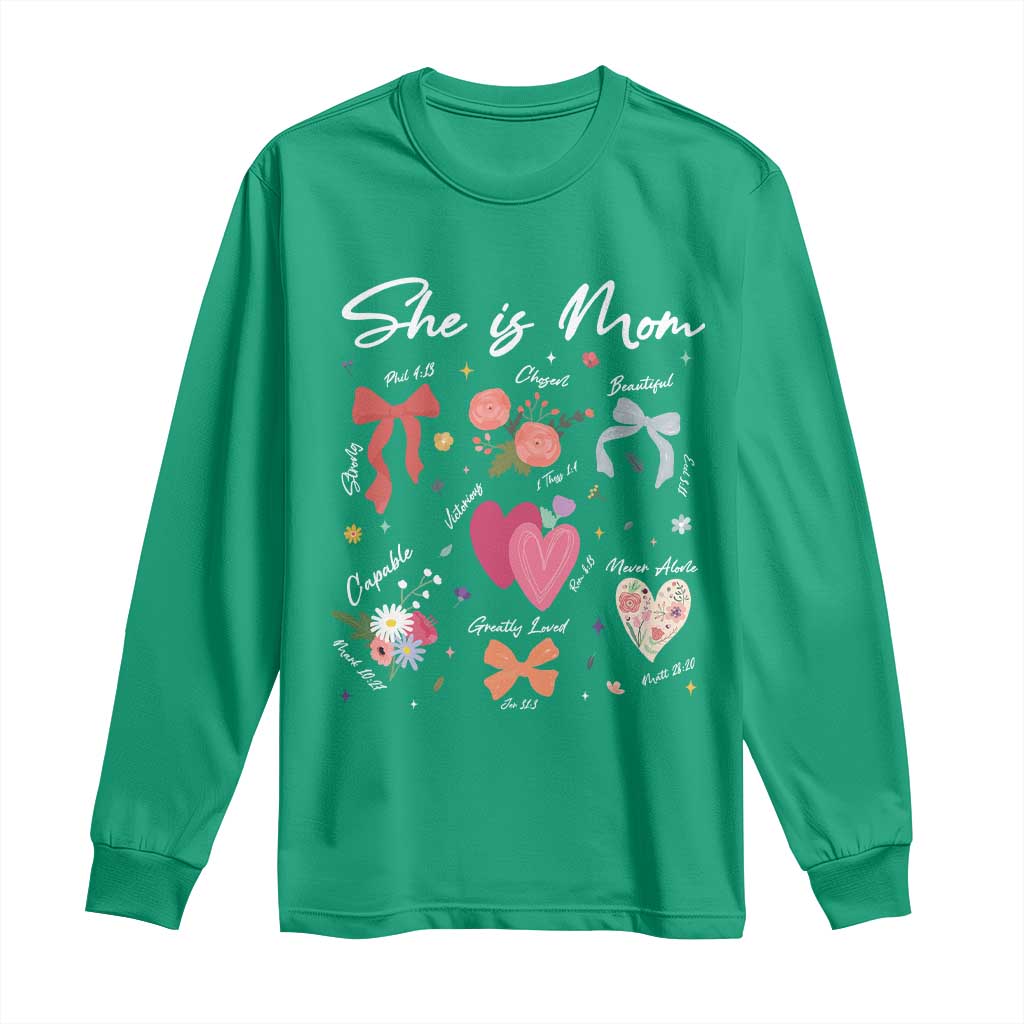 Mama Christian Religious Long Sleeve Shirt She Is Mom Mother's Day Jesus Flowers Bow