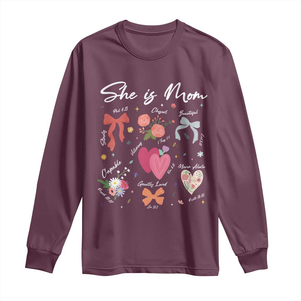 Mama Christian Religious Long Sleeve Shirt She Is Mom Mother's Day Jesus Flowers Bow