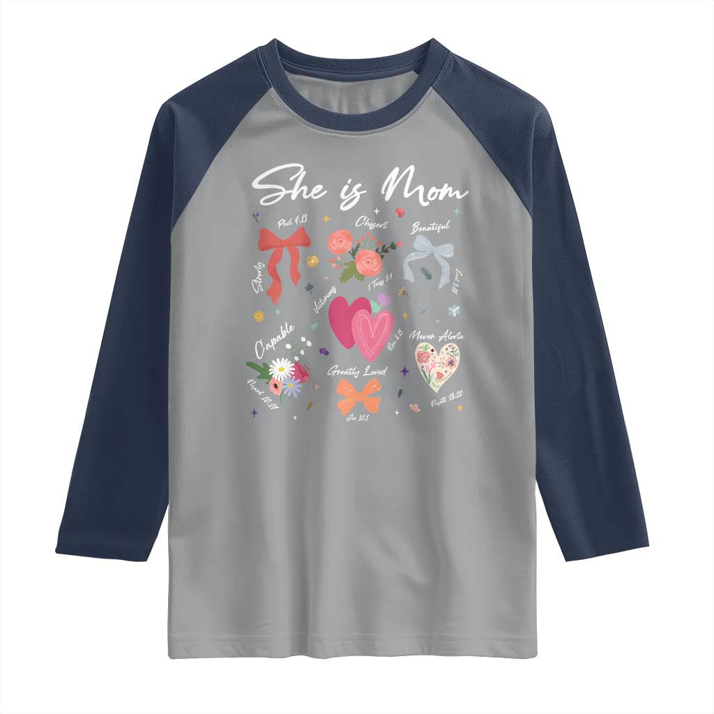 Mama Christian Religious Raglan Shirt She Is Mom Mother's Day Jesus Flowers Bow