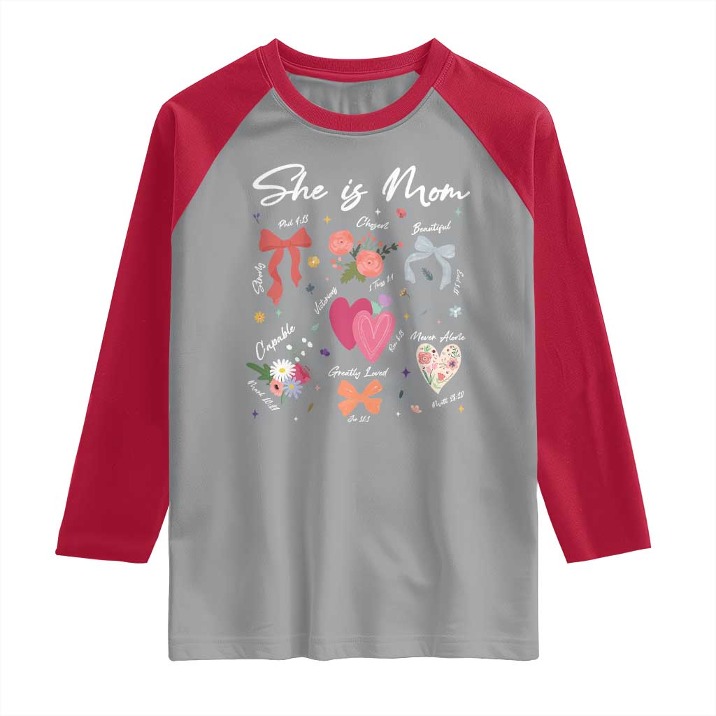 Mama Christian Religious Raglan Shirt She Is Mom Mother's Day Jesus Flowers Bow