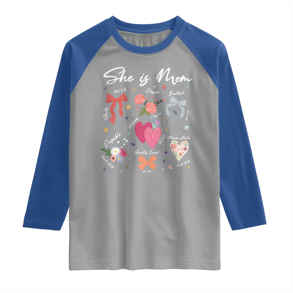 Mama Christian Religious Raglan Shirt She Is Mom Mother's Day Jesus Flowers Bow