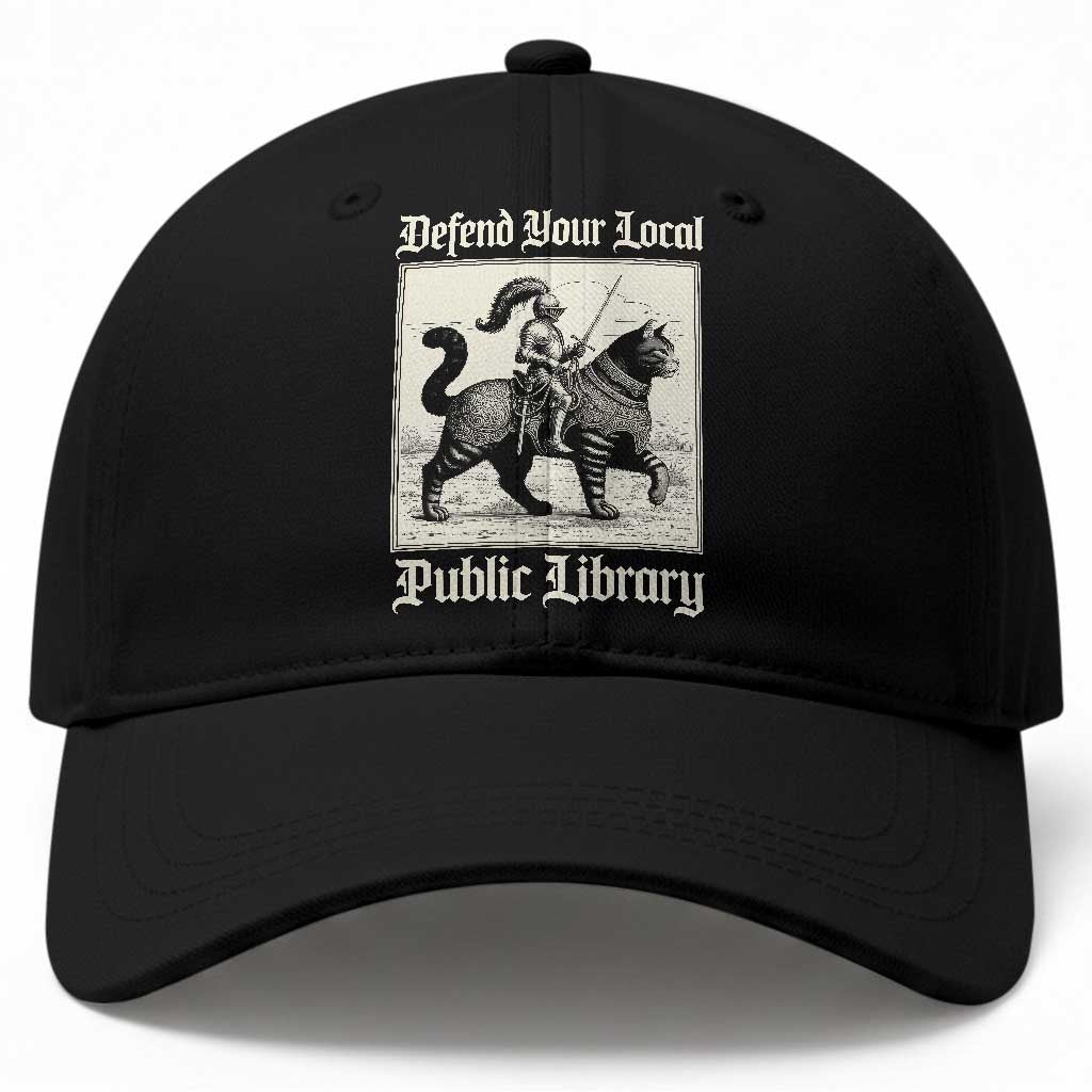 Defend Your Local Public Library Baseball Cap Knight Cat for Fantasy Book Lovers