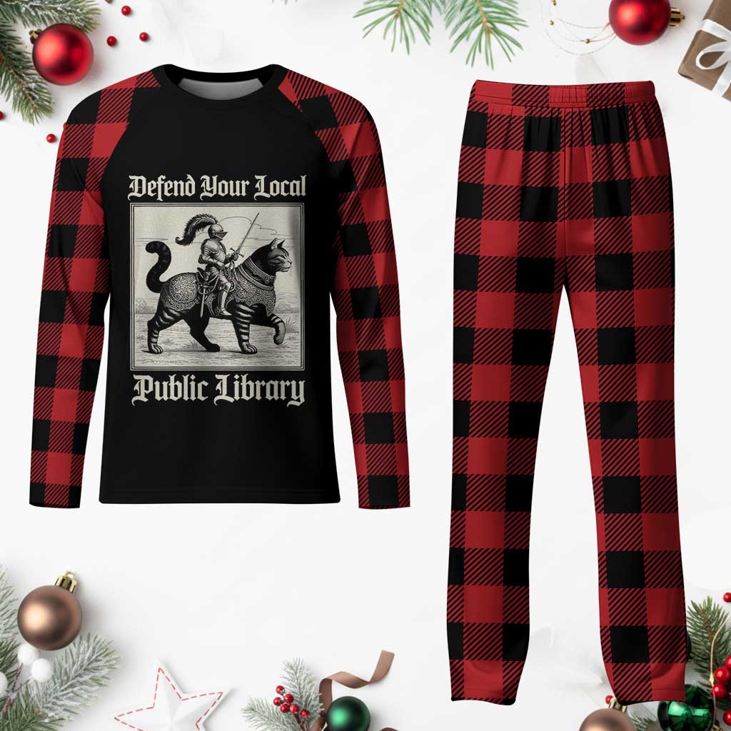 Defend Your Local Public Library Plaid Pajama Set Knight Cat for Fantasy Book Lovers