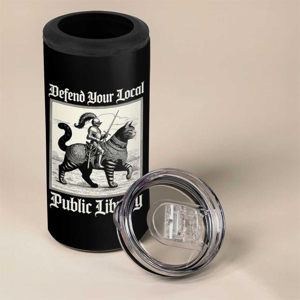 Defend Your Local Public Library 4 in 1 Can Cooler Tumbler Knight Cat for Fantasy Book Lovers