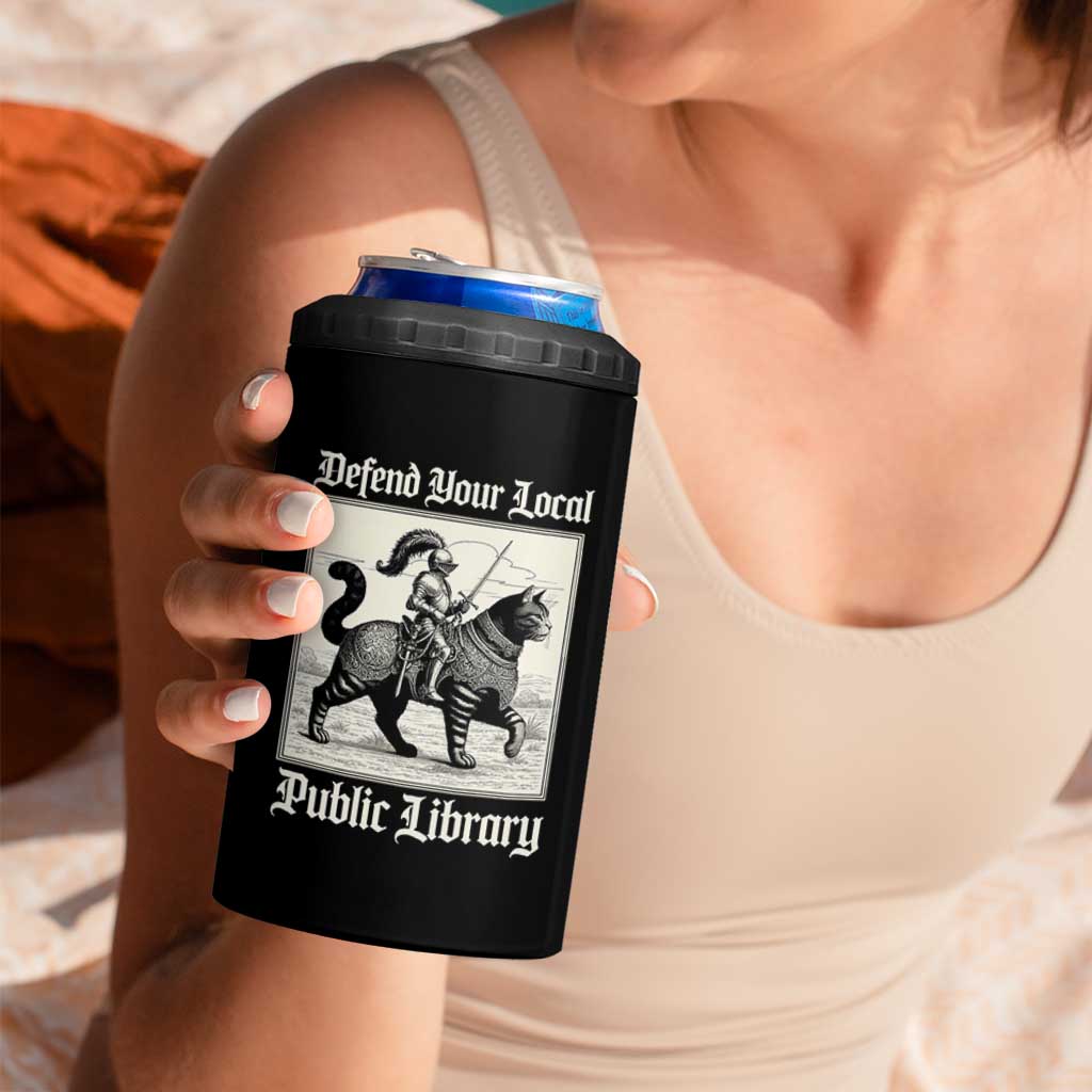 Defend Your Local Public Library 4 in 1 Can Cooler Tumbler Knight Cat for Fantasy Book Lovers