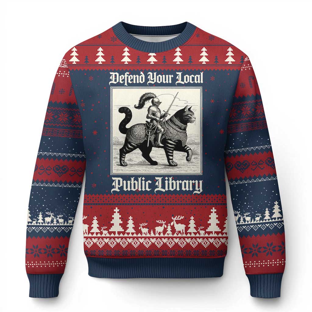 Defend Your Local Public Library Ugly Christmas Sweater Knight Cat for Fantasy Book Lovers