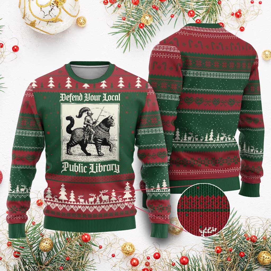 Defend Your Local Public Library Ugly Christmas Sweater Knight Cat for Fantasy Book Lovers